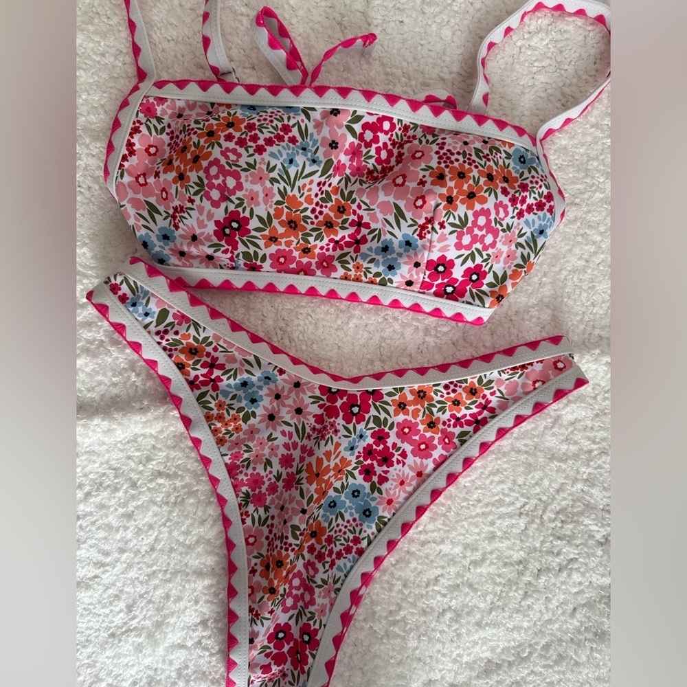 Floral Bikini Set Medium Pink Trim Two Piece Swimsuit Cottagecore Floral Swim M